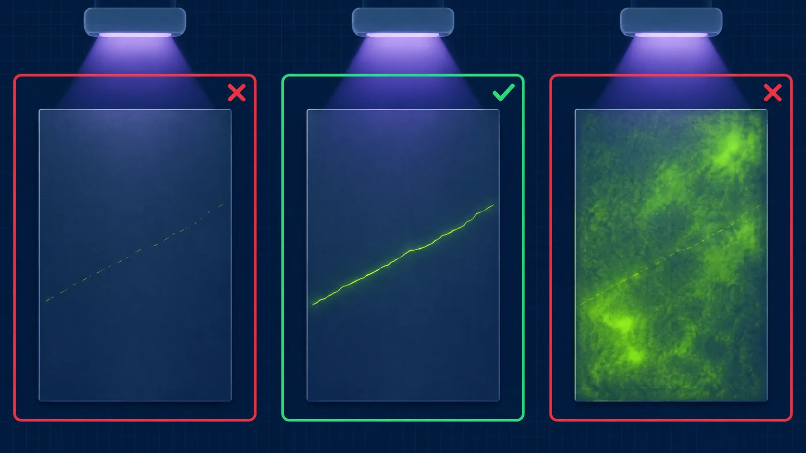 Three plates under UV-A light show three wash endpoints for the same crack: overwashed with only faint broken dashes left, correctly washed with one crisp glowing line on a dark field, and underwashed with blotchy background glow that hides the line.