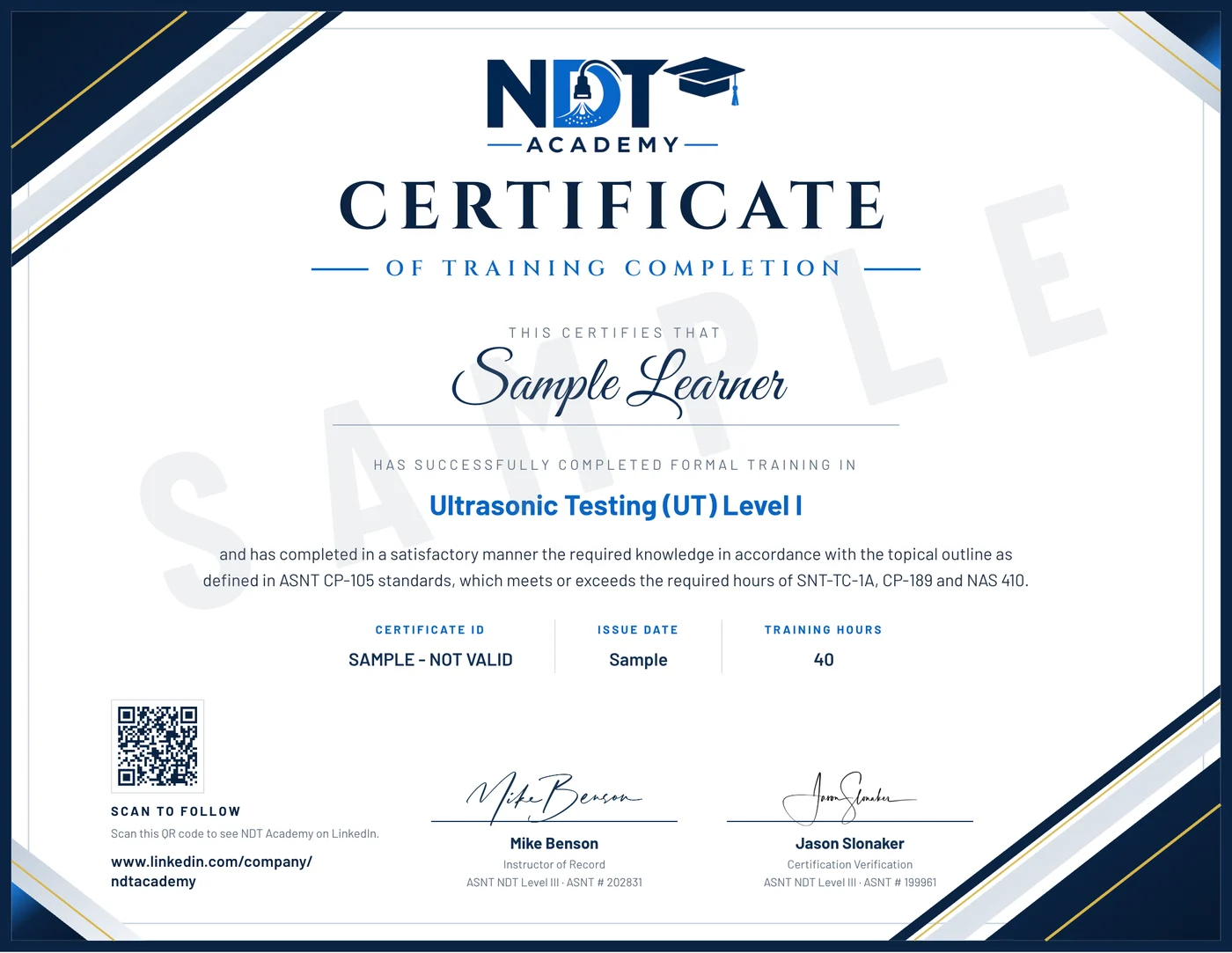 Sample certificate of completion for Ultrasonic Testing Level I, marked sample and not valid, signed by Mike Benson and Jason Slonaker, with a QR code to NDT Academy's LinkedIn page