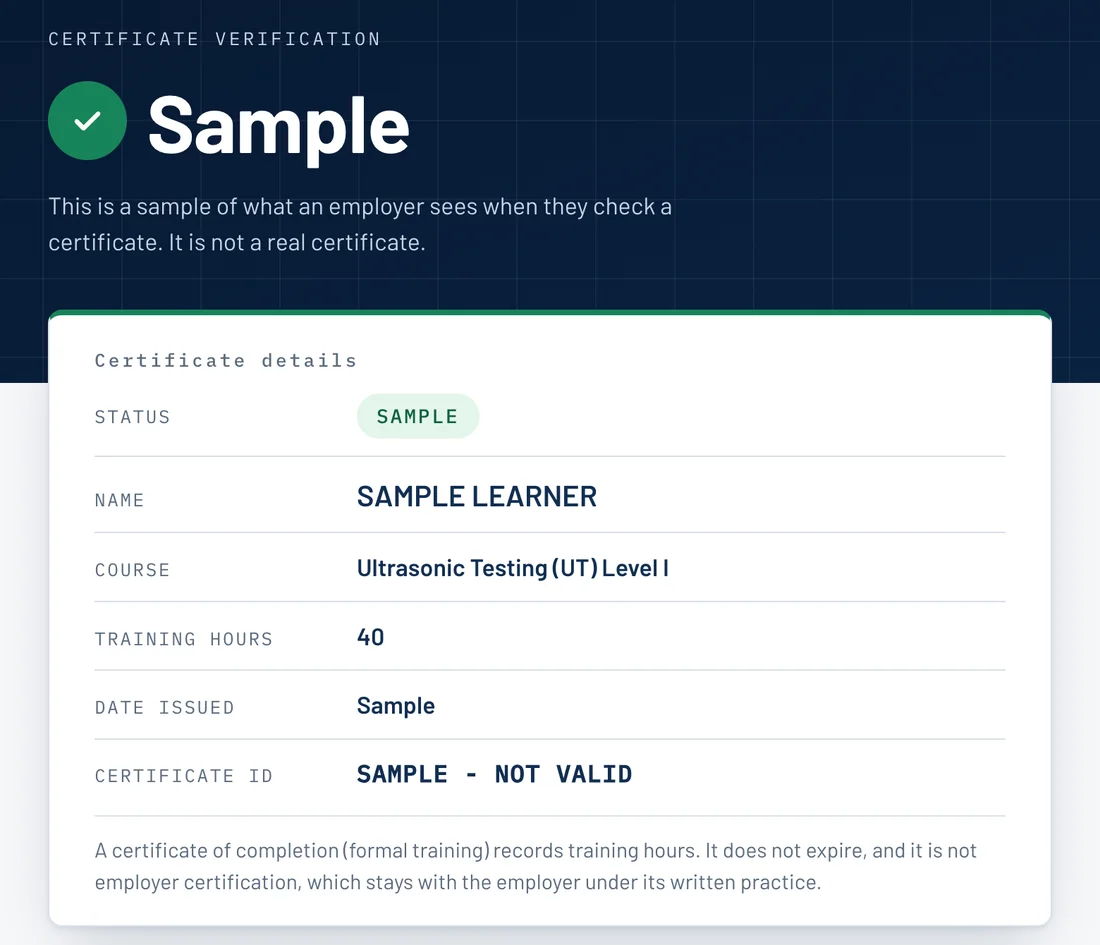 The public certificate check page showing a sample: status, name, course, training hours, date issued and certificate ID, with no scores